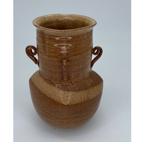 Handmade Art Pottery Vase Vintage 2001 Signed 4‎ Handled Milk Jug 9” Brown Tan - Picture 2 of 12